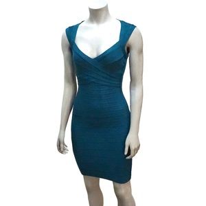 HERVE LEGER Slate Teal Bandage Bodycon Dress Blue Plunge V Neck